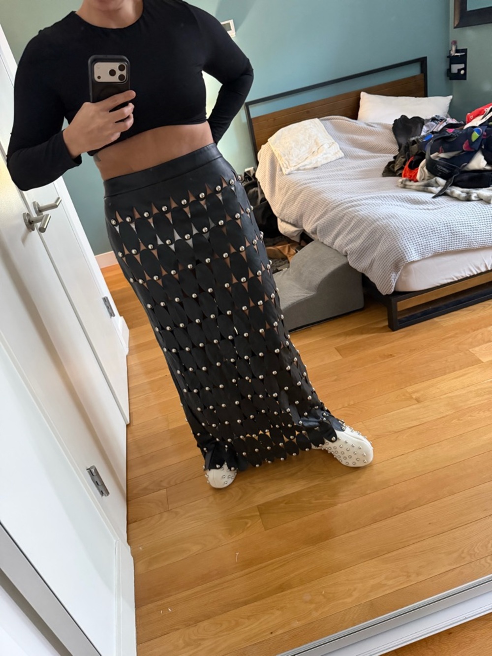Black Studded Pleather Maxi Skirt with Lattice Detail